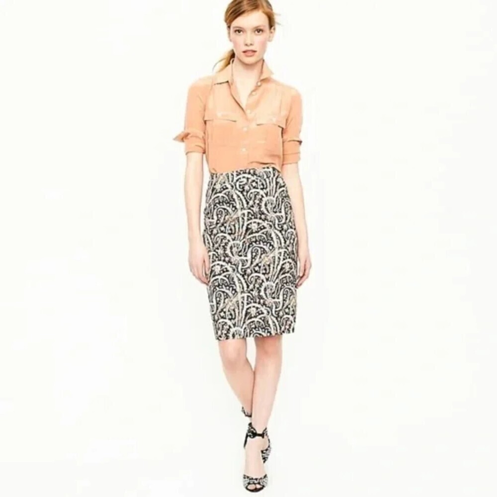 J. CREW Feather Paisley Print Navy Blue Cream Coral No. 2 Pencil Skirt Size 6